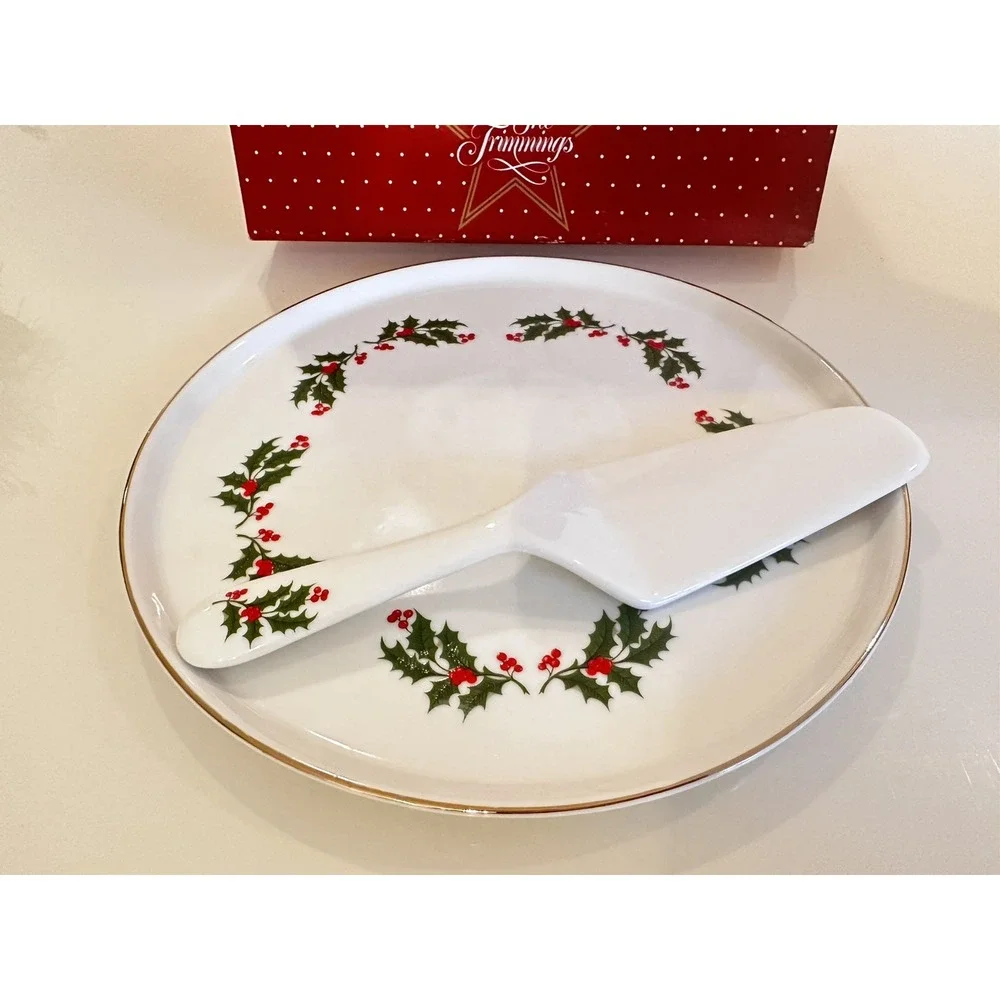 VTG 1970s Rare! Christmas Japan Holly Berries Porcelain Ware Cake Plate w Server